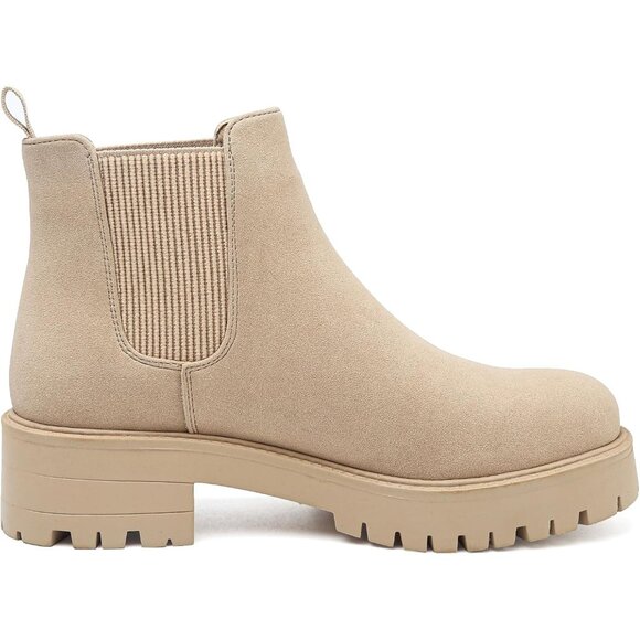 Girls Apricot Pull-On Fall Chelsea Boots Water-Resistant PU Ankle Heel Boots - Picture 2 of 7